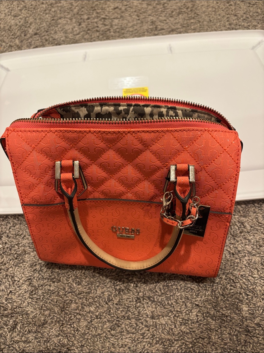 Guess Quilted Satchel in Coral Orange with Gold Hardware